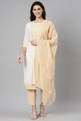 printed calf length cotton woven women's kurta set - cream
