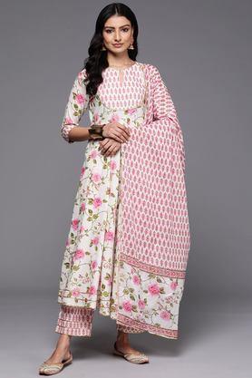 printed calf length cotton woven women's kurta set - off white