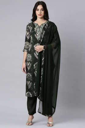printed calf length crepe woven women's kurta set - olive