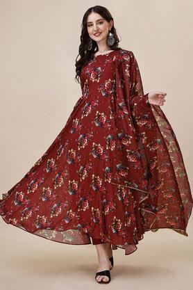 printed calf length muslin woven women's kurta set - maroon