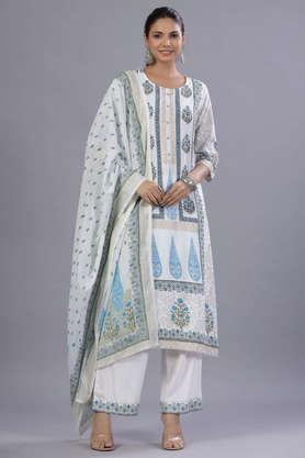 printed calf length rayon woven women's salwar kurta dupatta set - blue