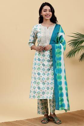 printed calf length silk woven women's kurta set - off white