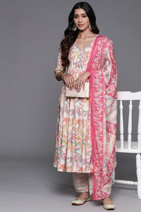 printed calf length silk woven women's kurta set - off white
