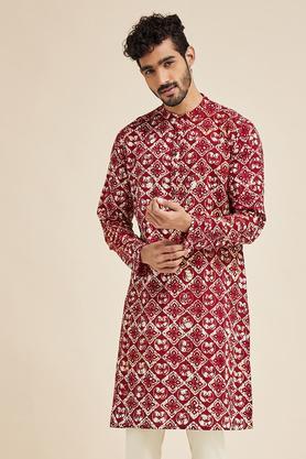 printed chambray mens casual wear kurta - red