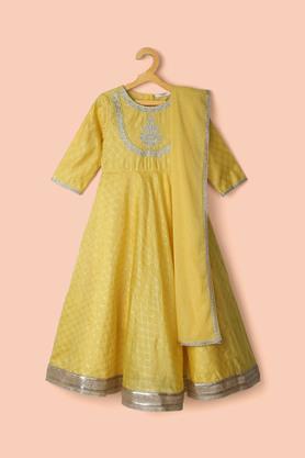 printed chanderi regular fit girls kurta dupatta set - yellow