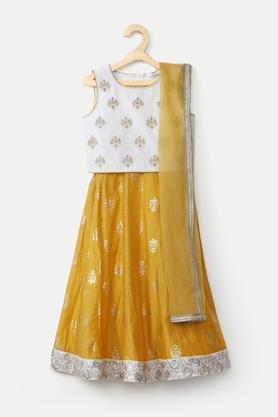 printed chanderi round neck girls ghagra choli set - yellow