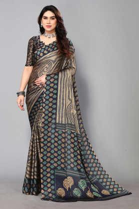 printed chiffon designer women's saree with blouse piece - navy