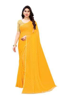 printed chiffon designer women's saree with blouse piece - yellow