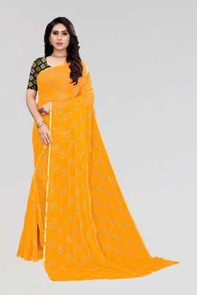 printed chiffon designer women's saree with blouse piece - yellow