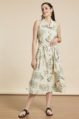 printed collared cotton flex women's midi dress - off white