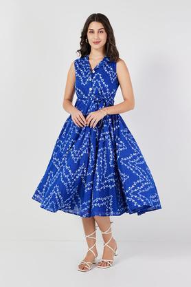 printed collared cotton women's ethnic dress - blue