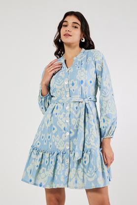 printed collared cotton women's ethnic dress - light blue
