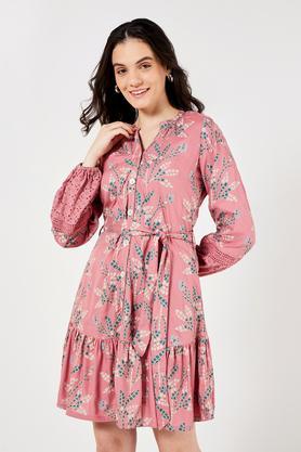 printed collared rayon women's ethnic dress - pink