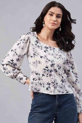 printed collarless polyester women's casual shirt - off white
