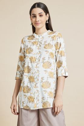 printed cotton blend chinese collar women's top - yellow