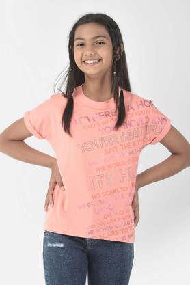 printed cotton blend round neck girl's t-shirt - coral
