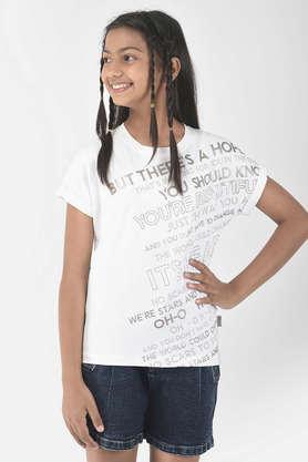 printed cotton blend round neck girl's t-shirt - white