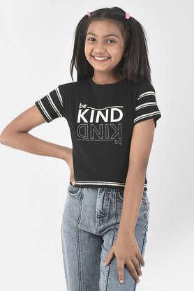 printed cotton blend round neck girl's top - black