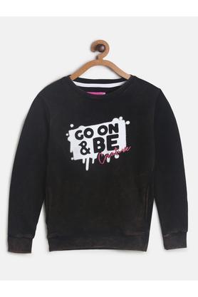 printed cotton blend round neck girls sweatshirt - black