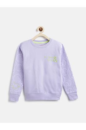 printed cotton blend round neck girls sweatshirt - purple