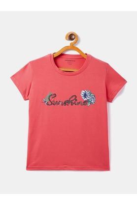 printed cotton blend round neck girls t-shirt - pink