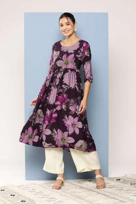 printed cotton blend round neck women's casual wear kurti - purple