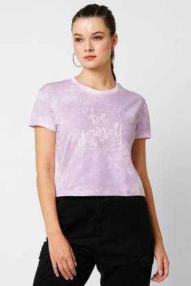 printed cotton blend round neck women's t-shirt - multi