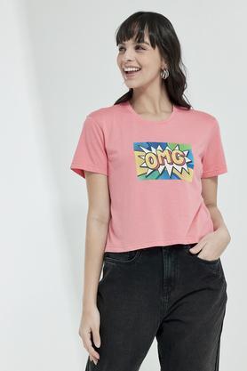 printed cotton blend round neck women's t-shirt - peach