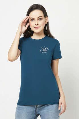 printed cotton blend round neck women's t-shirt - teal