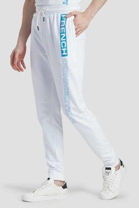printed cotton blend slim fit men's joggers - white