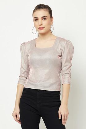 printed cotton blend square neck womens top - pink