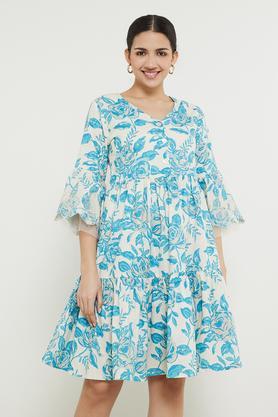 printed cotton blend v neck women's ethnic dress - blue