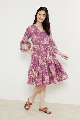 printed cotton blend v neck women's ethnic dress - purple