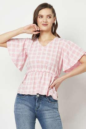 printed cotton blend v neck women's top - pink