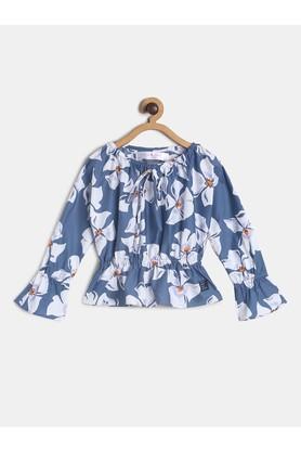 printed cotton boat neck girls top - blue