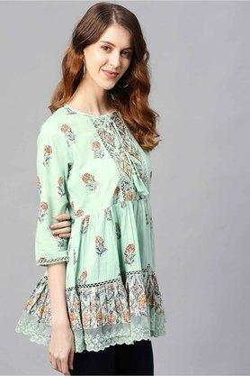 printed cotton boat neck women's tiered top - green