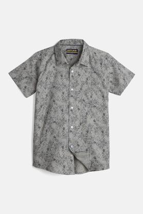 printed cotton collar neck boys shirt - olive
