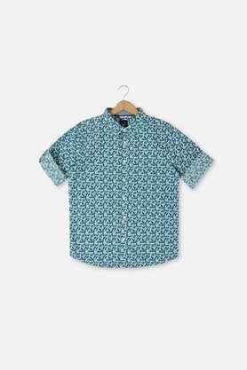 printed cotton collared boys shirt - aqua