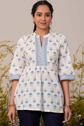 printed cotton collared women's casual wear kurti - white
