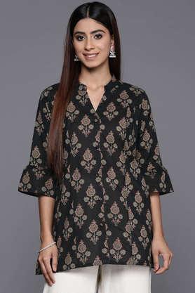 printed cotton collared women's fusion wear kurti - black