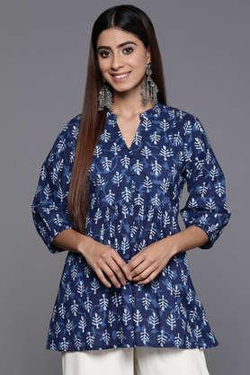 printed cotton collared women's fusion wear kurti - blue