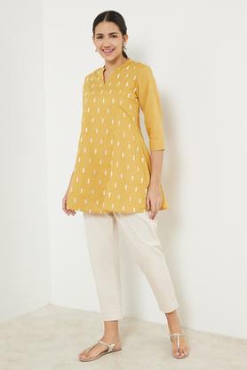 printed-cotton-collared-women's-tunic---mustard