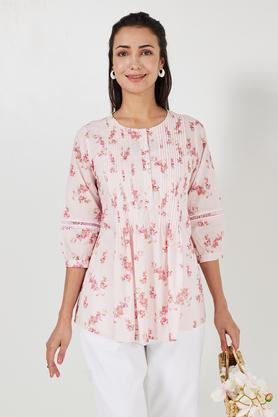 printed cotton collared women's tunic - pink