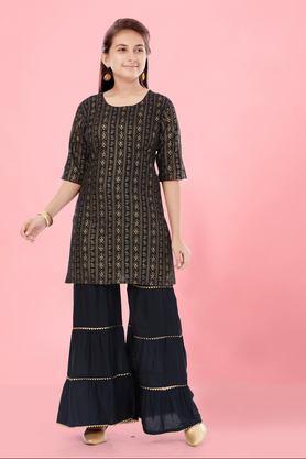 printed cotton full length girls kurta set - black