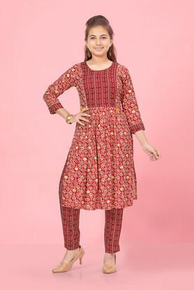printed cotton full length girls kurta set - maroon