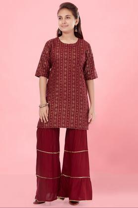printed cotton full length girls kurta set - maroon