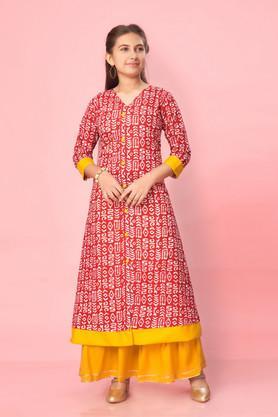 printed cotton full length girls kurta set - multi