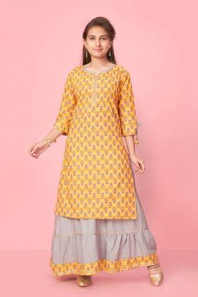 printed cotton full length girls kurta set - multi