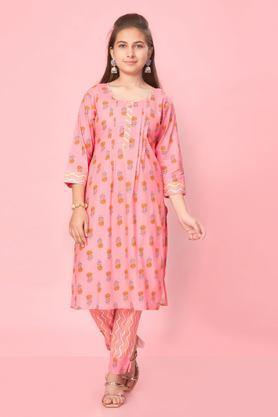 printed cotton full length girls kurta set - pink