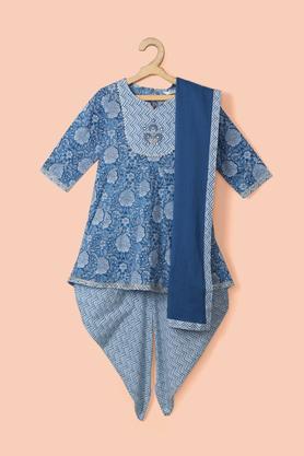 printed cotton girl's salwar kurta dupatta set - blue